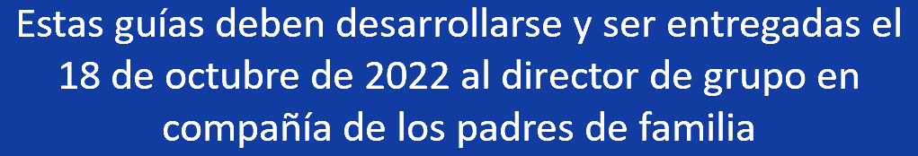 Estas guías deben desarrollarse y ser entregadas el 18 de octubre de 2022 al director de grupo en compañía de los padres de familia