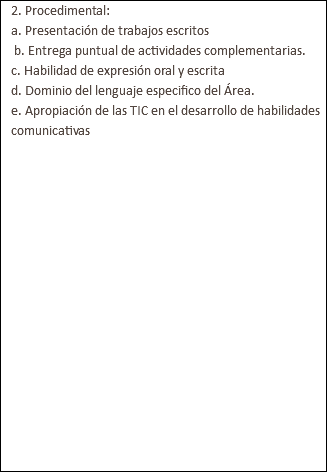 2. Procedimental: a. Presentación de trabajos escritos b. Entrega puntual de actividades complementarias. c. Habilidad de expresión oral y escrita d. Dominio del lenguaje especifico del Área. e. Apropiación de las TIC en el desarrollo de habilidades comunicativas 